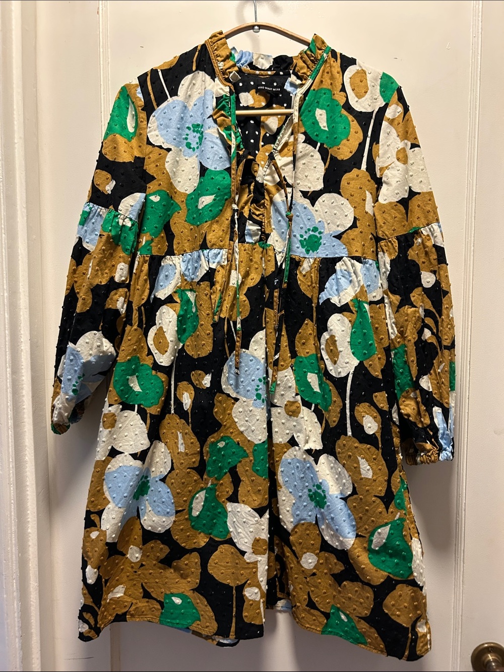 Who What Wear Black Floral Babydoll Dress with Green, Light Blue & Mustard